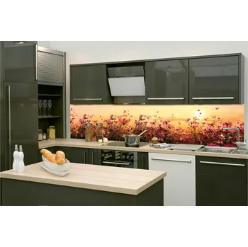 Fototapeta DIMEX | Fototapeta do kuchyně Květinové pole KI-260-130 | 260 x 60 cm | béžová, žlutá, růžová + Samolepicí fototapeta za kuchyňskou linku DIMEX Květinové pole v šíři 260 cm