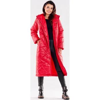 Dámská parka Dlouhý, prošívaný kabát s kapsami, zapínání na druky A542 Barva: Červená, Velikost: S/M
