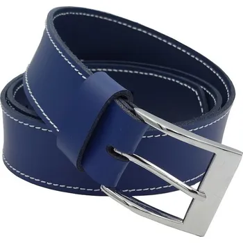 Opasek opaskujse Kožený opasek XXL, kůže modrá, prošití bílé, jednotrnová spona, leštěná hranatá, pochromovaná Délka opasku: 135 cm