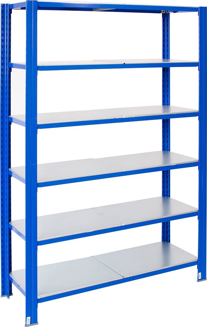 Bezšroubové kovové regály 250x120x50cm T profil, 6 polic, 250kg na polici