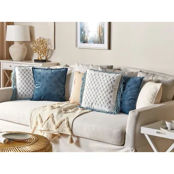 Povlečení Sada 2 dekorativních polštářů bílé/modré bavlna 45 x 45 cm květinový vzor ručně vyrobený snímatelný potah boho styl Beliani