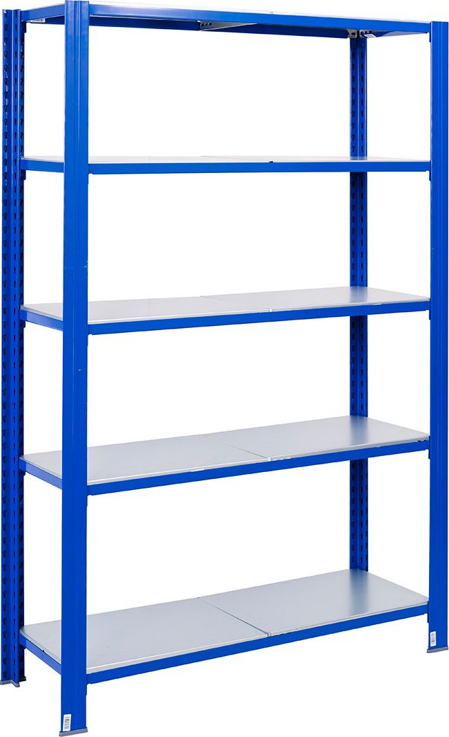 Bezšroubové kovové regály 250x120x50cm T profil, 5 polic, 250kg na polici