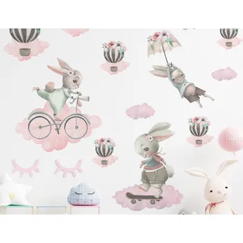 Samolepící dekorace DEKORACJAN Nálepka na zeď - Zajíčci v obláčcích