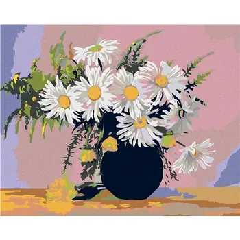 Malování podle čísel - Kopretiny v černé váze, 50x40 cm, bez rámu a bez vypnutí plátna