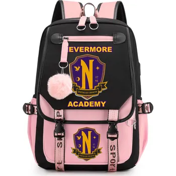 Dětský batoh Dětský studentský batoh s potiskem Wednesday Addams akademie NEVER MORE Barva: černo-růžová