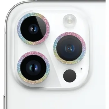 Tvrzené sklo se třpytivými rámečky k ochraně čoček fotoaparátu pro iPhone 14 Pro / 14 Pro Max - duhové