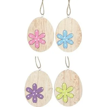 Velikonoční dekorace Vajíčko dřevěné s kytičkou k zavěšení 10 cm