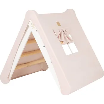 Dřevěná hračka MeowBaby Dětský dřevěný žebřík trojúhelník Pikler s domečkovým potahem: bílý, potah růžový