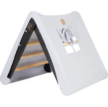 Dřevěná hračka MeowBaby Dětský dřevěný žebřík trojúhelník Pikler s domečkovým potahem: černý, potah šedomodrý