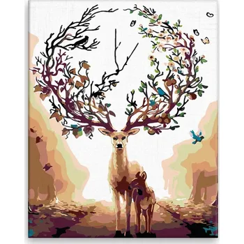Malování podle čísel - Jelen s korunou a mládě - 40x50 cm, bez dřevěného rámu - CZ výroba