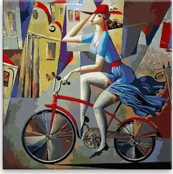 Malování podle čísel - Žena na kole - 40x40 cm, bez dřevěného rámu - CZ výroba