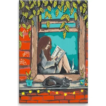 Dětské zboží Malování podle čísel - S knihou v okně - 40x60 cm, bez dřevěného rámu - CZ výroba