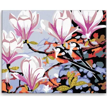 Malování podle čísel - Ptáci v magnolii - 50x40 cm, bez dřevěného rámu - CZ výroba
