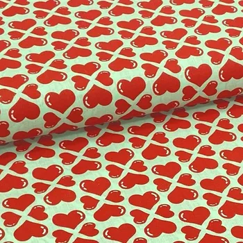 Bavlněné plátno P0668 mint, červená srdíčka, š.140