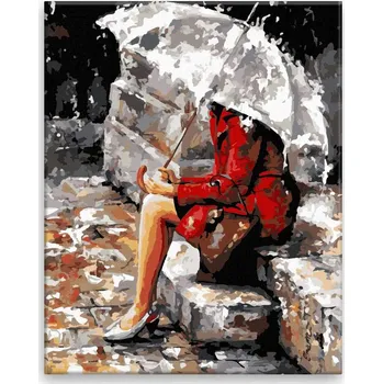 Malování podle čísel - Dívka s deštníkem na schodech - 40x50 cm, bez dřevěného rámu - CZ výroba