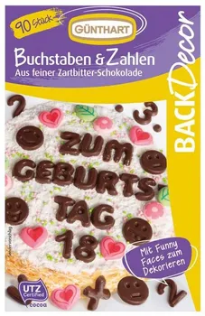 Jedlá dekorace na dort Günthart Abeceda, číslice, znaky, smajlíci z čokolády 90 ks