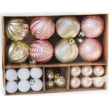 Vánoční ozdoba Baňky plastové 36 ks - mix 3-6 cm - růžová/champagne