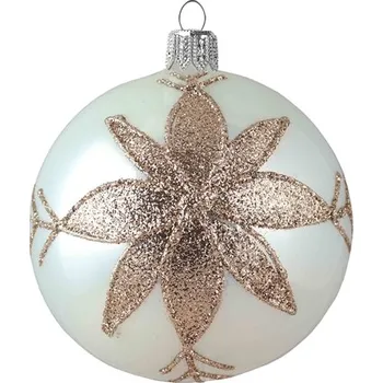 GLASSOR vánoční koule perleťová s květinou 8 cm bílá