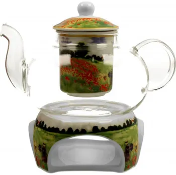 Filtrační konvice DUO Gifts DG - Skleněná konvice s ohřívačem na čajovou svíčku C. Monet, Pole s vlčím mákem v dárkové krabičce - 1000 ML
