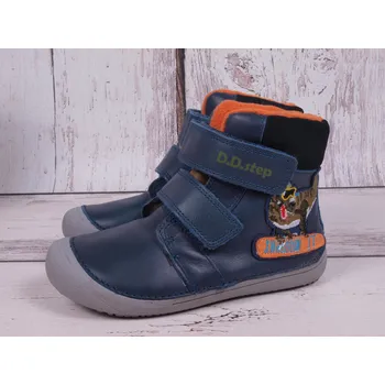 Chlapecká zimní obuv D.D.step Zimní boty D.D. step kožené BAREFOOT W063-284 tm. modré s dinosaurem velikost: 31