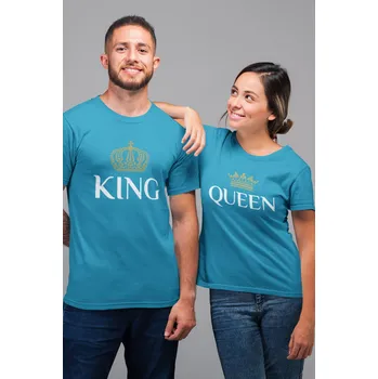 Pánské tričko Trička pro páry King Queen Gold Barva: Tyrkysová, Dámska velikost: S, Pánska velikost: 2XL