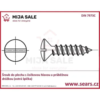 Šroub DIN 7973C - P 2,9x 13 - zinek- Šroub do plechu s čočkovou hlavou a průb.dráž. ostrá špič