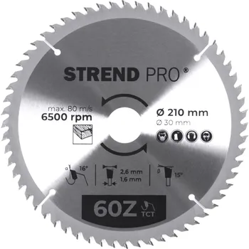 Pilový kotouč STREND PRO 2232032 Kotouč pilový, na dřevo, 210mm, 60 zubů, 30/20mm, 2,6mm, TCT