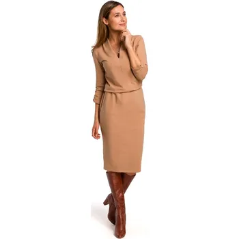 Dámské šaty S194 Pletené šaty s výstřihem do V - cappuccino EU S