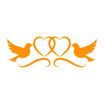 Samolepící dekorace Novomanželé 002 holubičky se srdíčky (06 - oranžová) SAMOLEPKA NA AUTO, NÁLEPKA, FÓLIE, POLEP, TUNING, VLASTNÍ TEXT, TISK, AUTOSAMOLEPKY.cz, POLEPY, OBRÁZEK, LOGO, 3D STICKERS