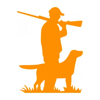 Samolepící dekorace SAMOLEPKA Myslivec 005 pravá se psem na lovu (06 - oranžová) NA AUTO, NÁLEPKA, FÓLIE, POLEP, TUNING, VLASTNÍ TEXT, TISK, AUTOSAMOLEPKY.cz, POLEPY, OBRÁZEK, LOGO, SAMOLEPKY