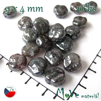 Dětské navlékací korálky České žíhané kytičky 9x4mm 16 ks, hematitové