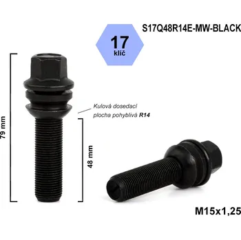 Šroubek na kolo Kolový šroub M15x1,25x48 kulový R14, pohyblivá plocha, klíč 17, S17Q48R14E-MW-BLACK, výška 79 mm, černý