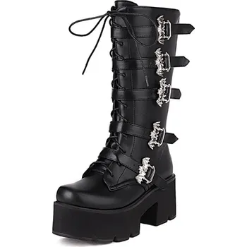 Dámské kozačky Kožené kozačky na platformě s 5 pásky GoodDayGirl Velikost: 42, Barva (Varianta): PU kůže