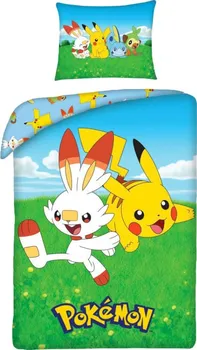 Ložní povlečení Halantex Pokémon Pikachu a Scorbunny 140 x 200, 70 x 90 cm zipový uzávěr