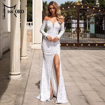 Dámské šaty Třpytivé šaty s rozparkem přiléhavého střihu M0806 LissCord Barva: Bílá, Velikost: S