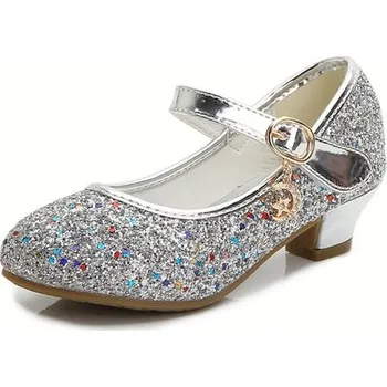 Dětská sálová obuv Dívčí třpytivé střevíčky na podpatku Barva: Stříbrná, Velikost: 26 (17,2 cm)