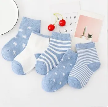 5 párů bavlněných ponožek pro kluky i holky (0-6 let) Barva: 3 modré, Velikost: 1-3 roky (11-13 cm)