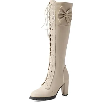 Dámské kozačky Vysoké kozačky na podpatku s ozdobnou mašli GoodDayGirl Fashion Barva: Béžová, Velikost: 47