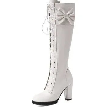 Dámské kozačky Vysoké kozačky na podpatku s ozdobnou mašli GoodDayGirl Fashion Barva: Bílá, Velikost: 43