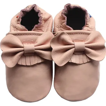 Capáčky CAROZOO Kožené capáčky s koženou podrážkou mašlička růžová 18-24 měsíců Růžová 22,5