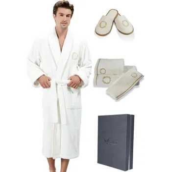 Pánský župan Soft Cotton Luxusní pánský župan SEHZADE s ručníkem a papučkami v dárkovém balení, Smetanová / zlatá výšivka, 420 g / m², Česaná prémiová bavlna 100%, Dlouhý - vel. M + papučky (40/42) + ručník + box