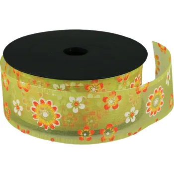 Svatební dekorace Organzaová stuha s potiskem květu 4 cm x 9 m KW02 106 zelená