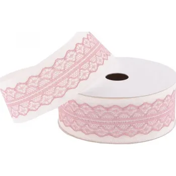 Stuha Stuha dekorativní 40mm/5m krémová/starorůžová, s krajkou