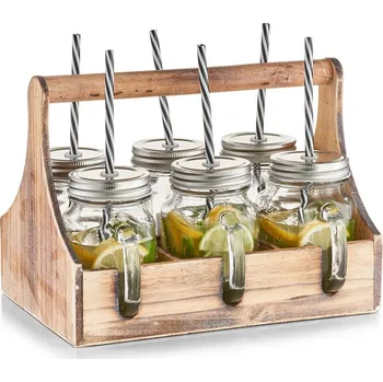 Úložný box Skříňka na sklenice na nápoje 6 x skelnice se slámkou, dřevěná, ZELLER