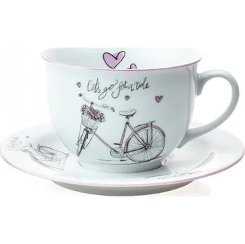 Porcelánový šálek s podšálkem, Dámské kolo s růžovou linkou - 500 ml