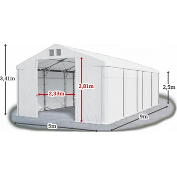 Zahradní stan Skladový stan 5x9x2,5m střecha PVC 580g/m2 boky PVC 500g/m2 konstrukce POLÁRNÍ PLUS Bílá Bílá Bílá