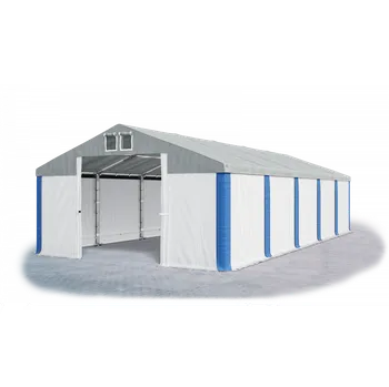 Zahradní stan Skladový stan 4x12x2m střecha PVC 620g/m2 boky PVC 620g/m2 konstrukce POLÁRNÍ Šedá Bílá Modrá