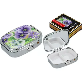 Carmani® Carmani - Obdélníková krabička na tablety LÉKOVKA se zrcátkem, Fialové macešky - 5,5*4*1,5 cm