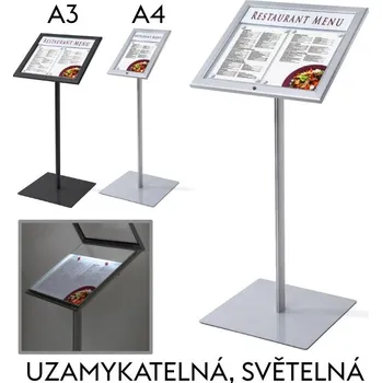 Reklamní Menu Board stojan s uzamykatelnou vitrínou a prostorem pro logo Formát A4, stříbrná verze (MBSCZ1xA4)