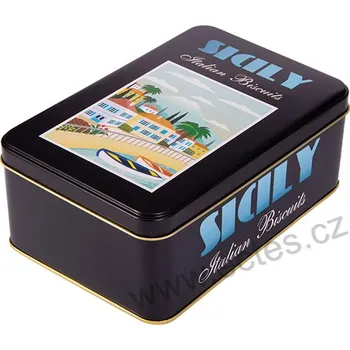 Dóza na potraviny SICILY černá plechová dóza na sušenky 7311 domky u moře